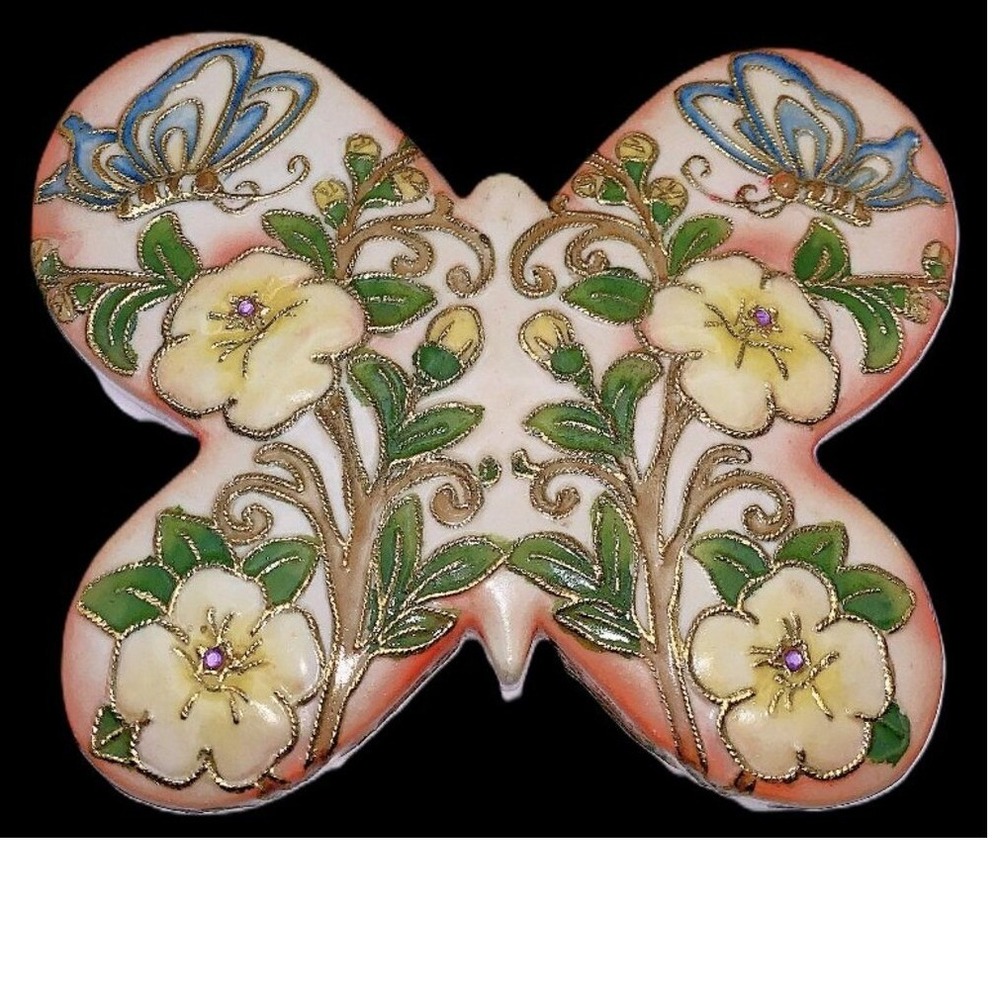 1915 Butterfly Shape Nippon Gold Cloisonne Enameled‎ Jewelry Trinket Box